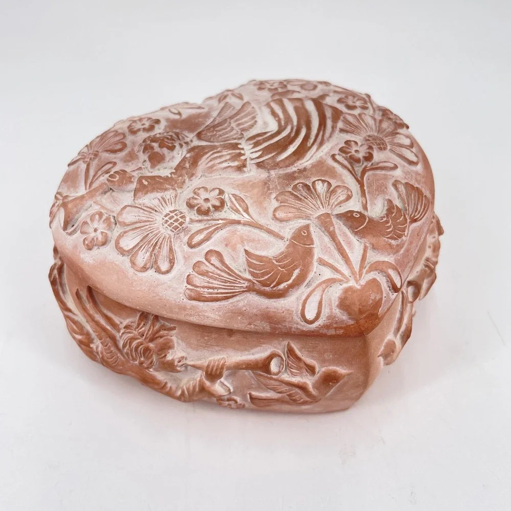 Vintage Terracotta Heart Trinket Box Embossed Angel Bird Floral Lidded Korea